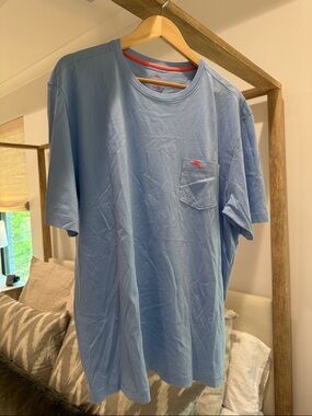 Tommy Bahama Light Blue Pocket Tee with Coral Logo Accent